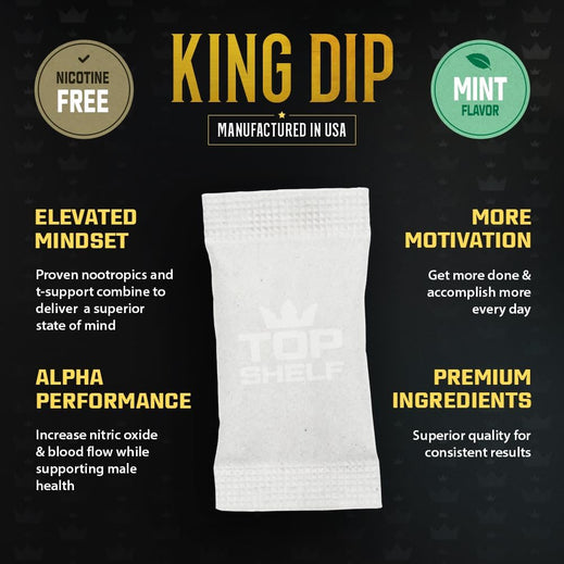 Top Shelf King Dip, Nootropic Energy Caffeine Pouches for Alpha Performance, Focus & Nitric Oxide Neuro Brain Supplement | Coffee Pouch Alternative, 15 sv, (5 Pack)